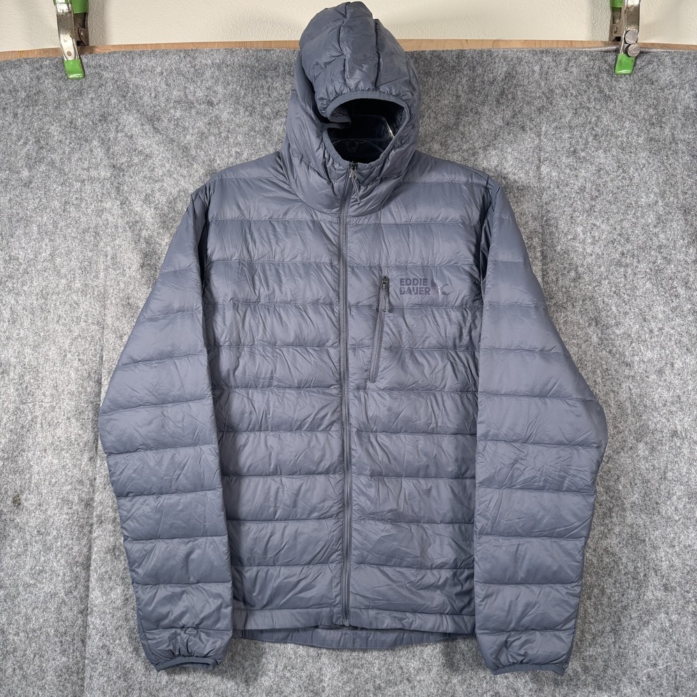 Eddie Bauer Jacket Mens Medium‎ Gray Hooded Down 550 Puffer Full Zip Outdoor